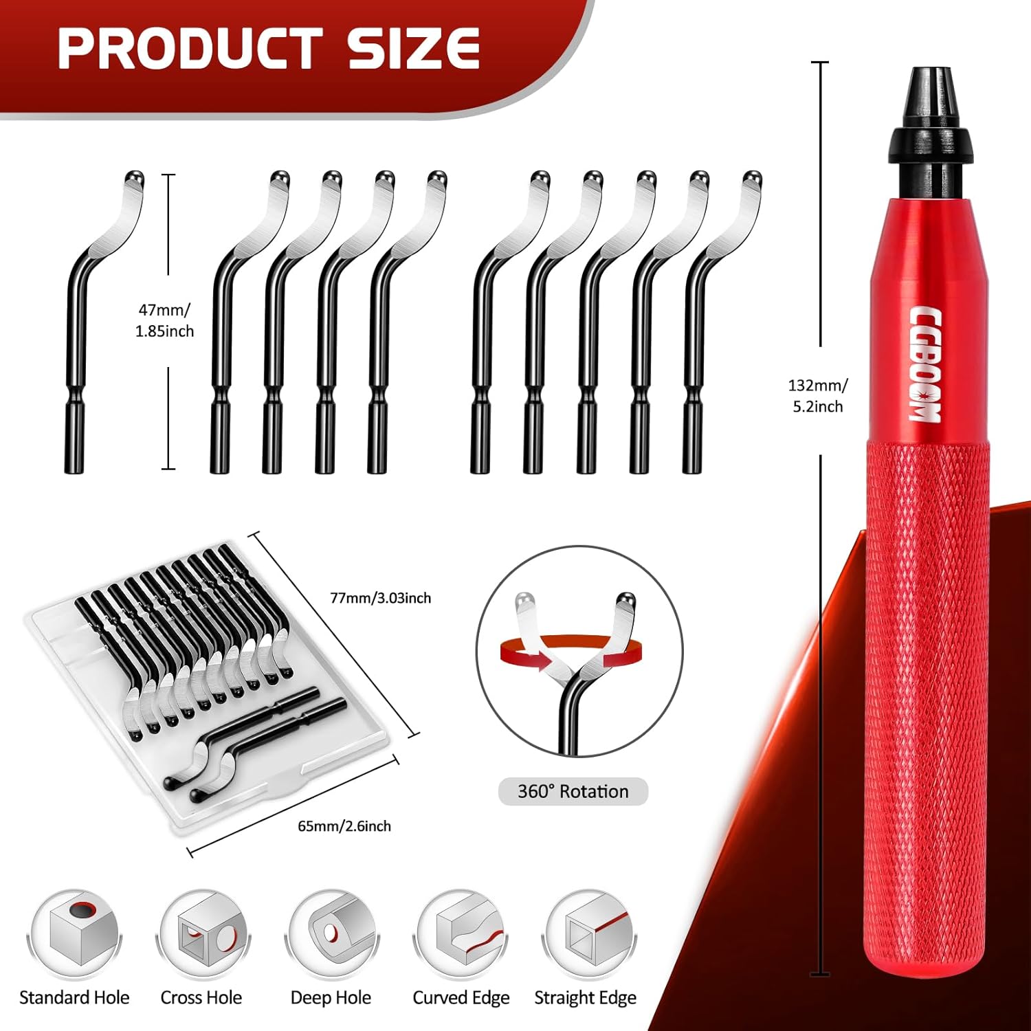 CGBOOM Herramienta de desbarbado con 12 cuchillas extra HSS (acero) y 1 mango de aluminio, funciona en metal, plástico, resina, impresora 3D, tubos