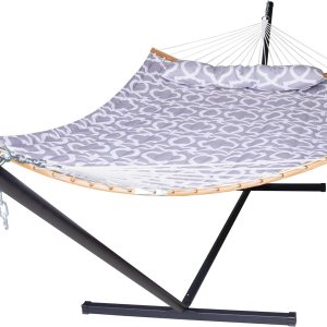 Hamaca doble para 2 personas con soporte de acero portátil de 12 pies y barras esparcidoras curvadas de bambú, almohada desmontable, cama de tela Hamaca doble para 2 personas con soporte de acero portátil de 12 pies y barras esparcidoras curvadas de bambú, almohada desmontable, cama de tela