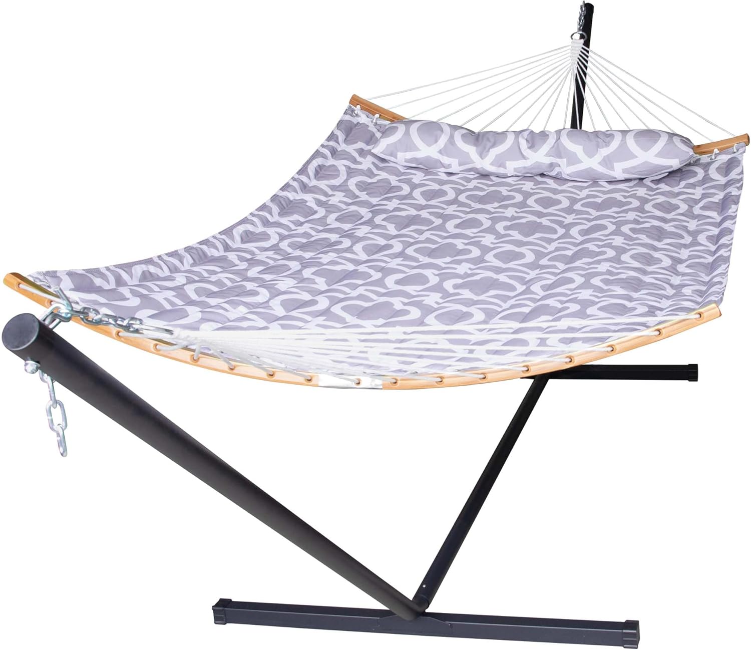 Hamaca doble para 2 personas con soporte de acero portátil de 12 pies y barras esparcidoras curvadas de bambú, almohada desmontable, cama de tela