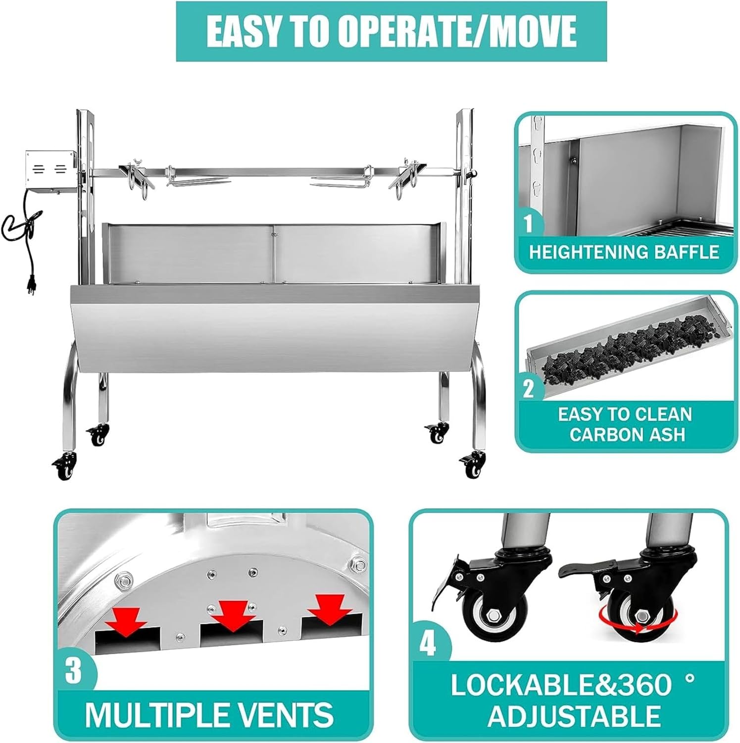 Parrilla asadora de acero inoxidable con protector de cubierta trasera, motor de 25 W, asador de cordero de cerdo pequeño, parrilla asadora de