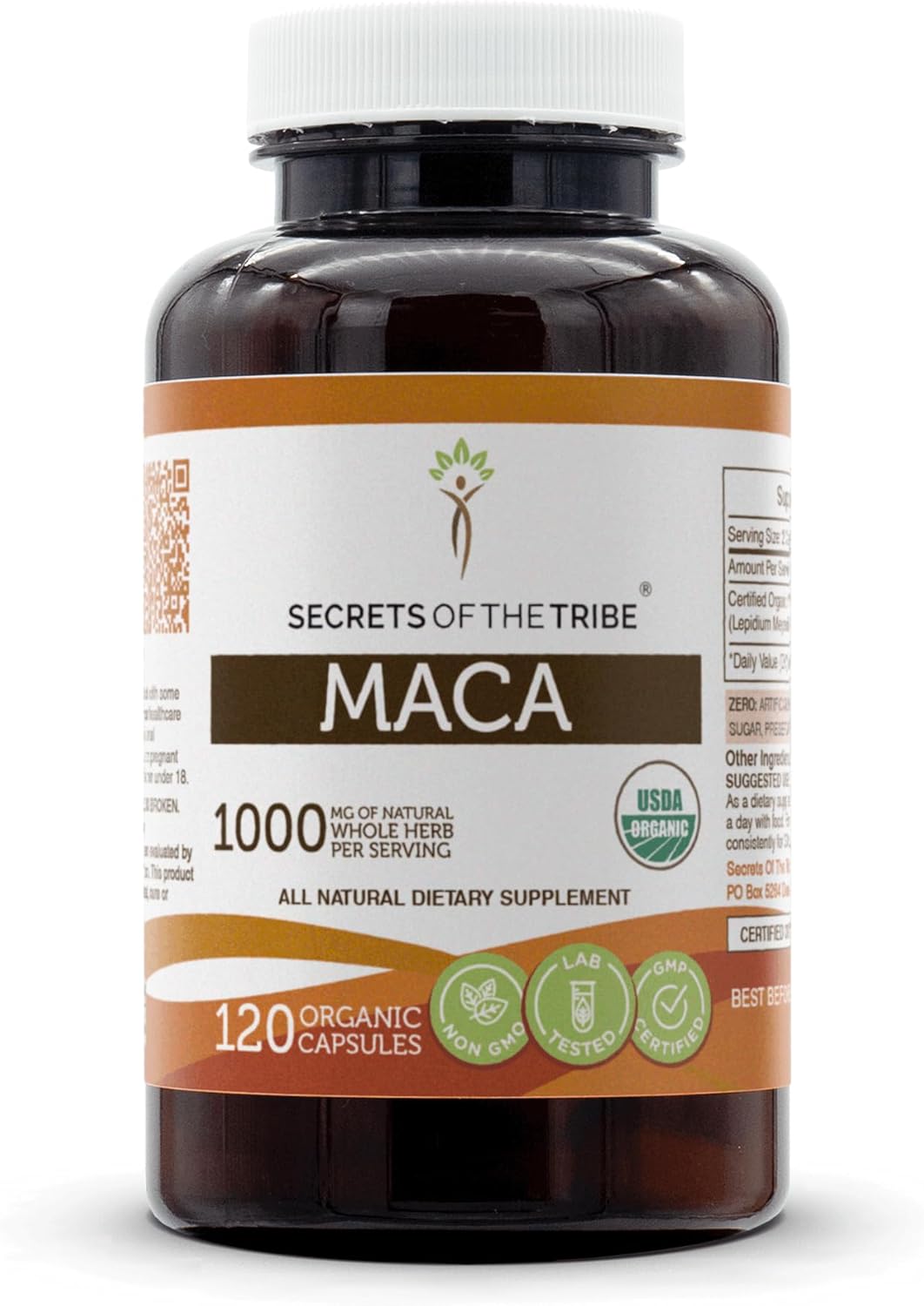 Secrets of the Tribe Maca USDA Organic 120 Cápsulas  Fabricado con cápsulas vegetarianas orgánicas y maca orgánica (Lepidium Meyenii) raíz seca (120