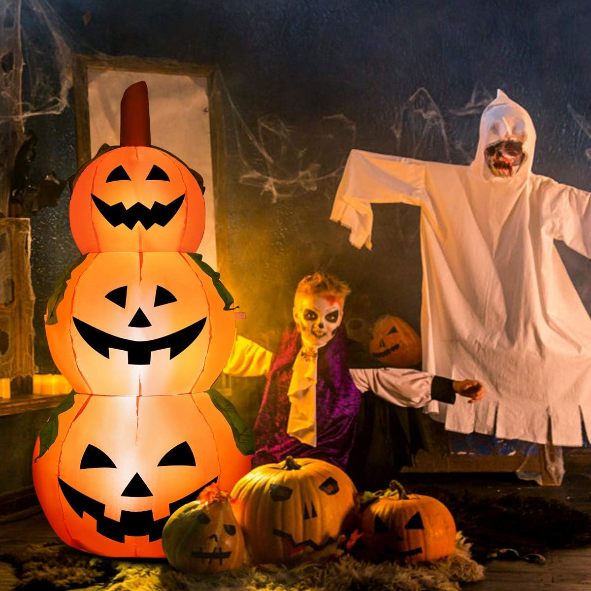 Tangkula Farol inflable de calabaza de 5.2 pies para Halloween, con bombillas LED internas, tela de poliéster 190T y ventilador impermeable,