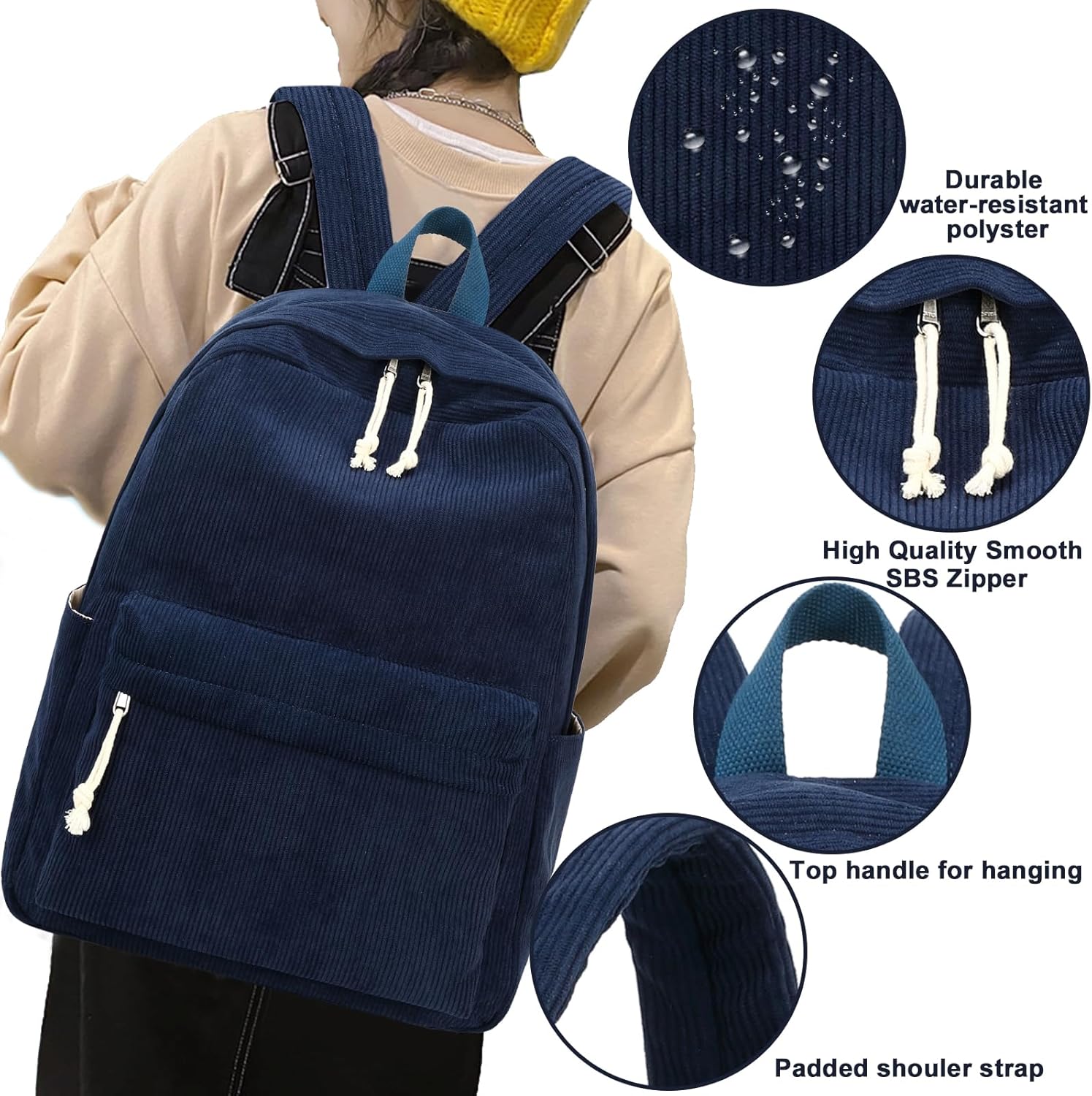 Bluboon Mochila para niña y mujer, mochila escolar para computadora portátil, mochila de viaje, mochila floral, Pana Azul, Mochila de pana