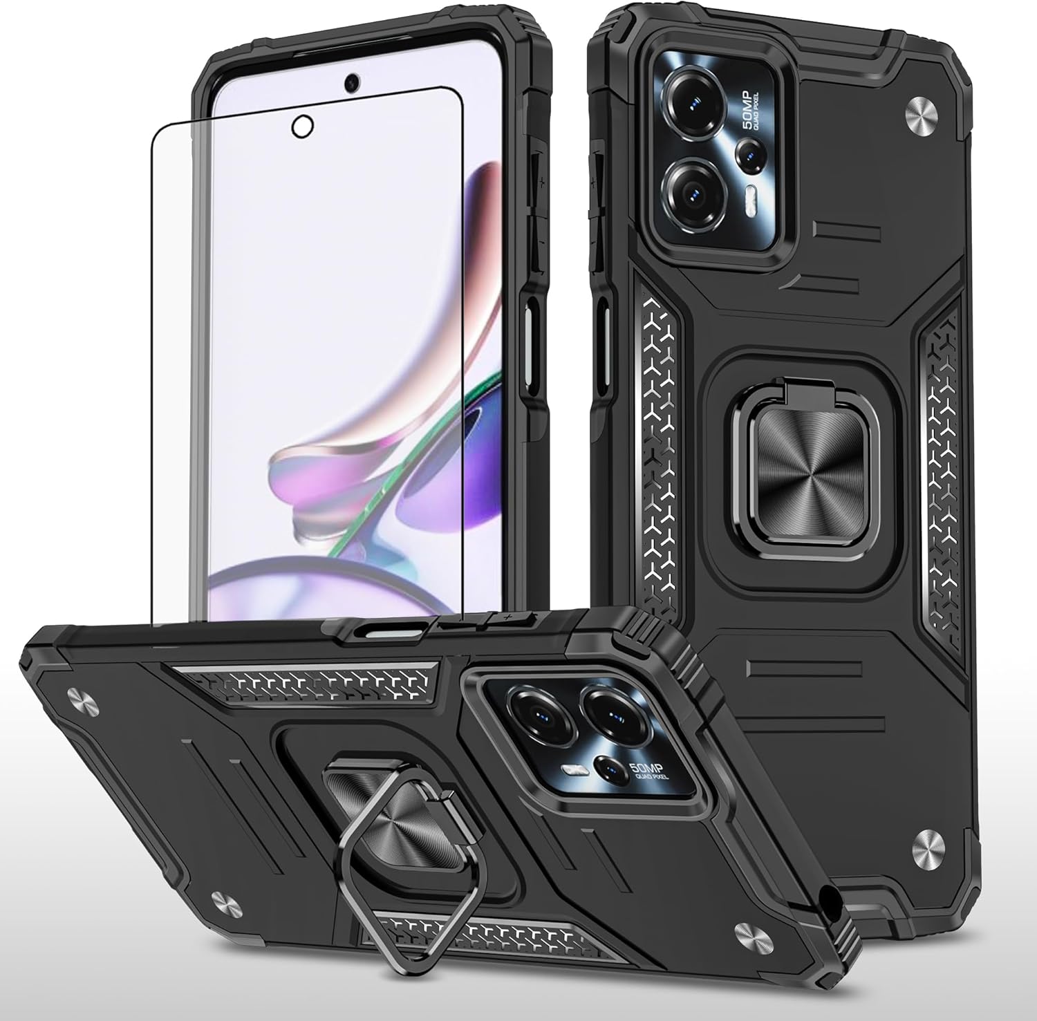 Asuwish Funda de teléfono para Motorola Moto G13G23 con protector de pantalla de vidrio templado y soporte de anillo delgado híbrido protector móvil