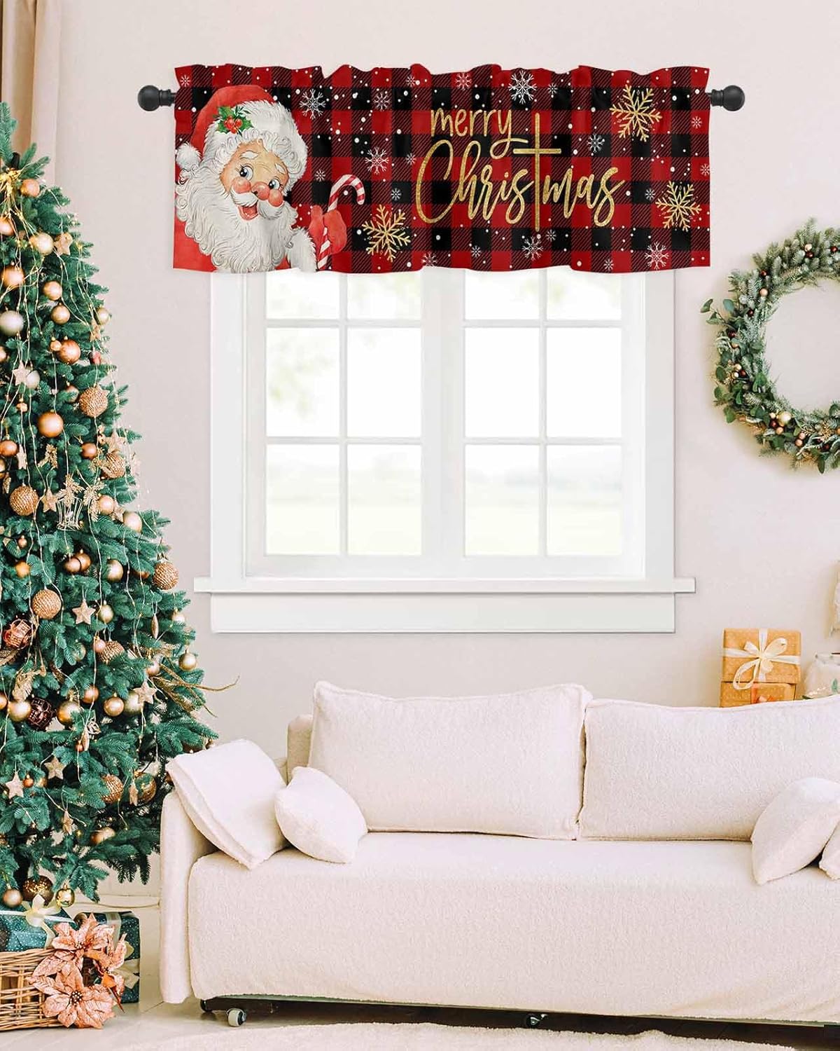 Cenefa de Navidad para ventanas, cenefas de Papá Noel, cenefa con bolsillo para barra, tratamientos de ventana, cortinas cortas a cuadros rojos para