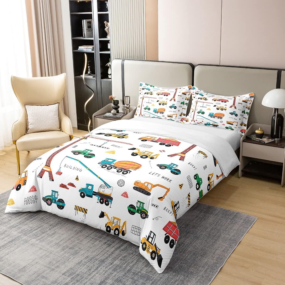 Juego de funda de edredón 100% algodón para excavadora tamaño queen, tractor, maquinaria, camiones, ropa de cama para niños y niños, funda de