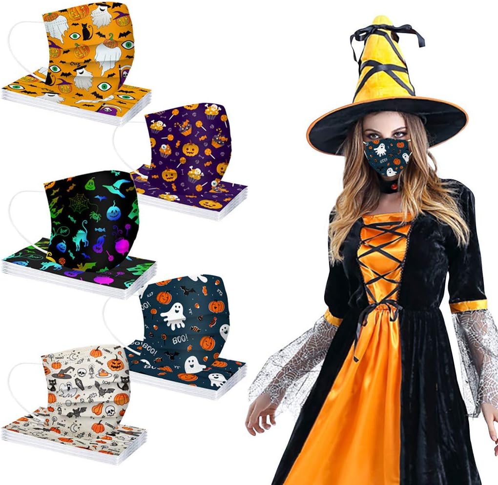 Paquete de 50 mascarillas desechables de Halloween para adultos con estampado de calabaza, 3 capas transpirables de Halloween para mujeres y hombres