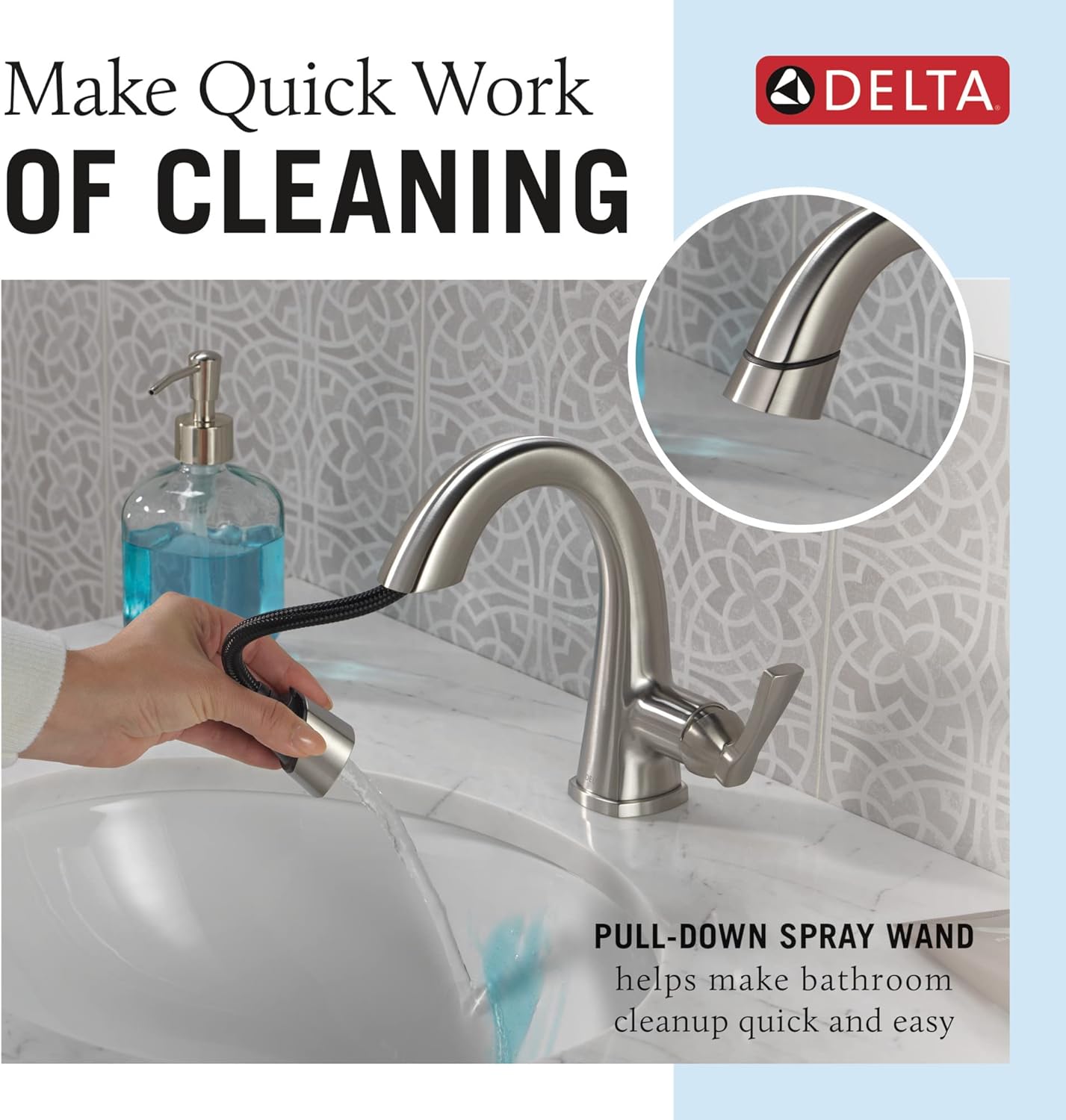 Delta Faucet Stryke Lumicoat – Grifo de baño extraíble, grifo de baño de níquel cepillado de un solo orificio con rociador extraíble, grifo de