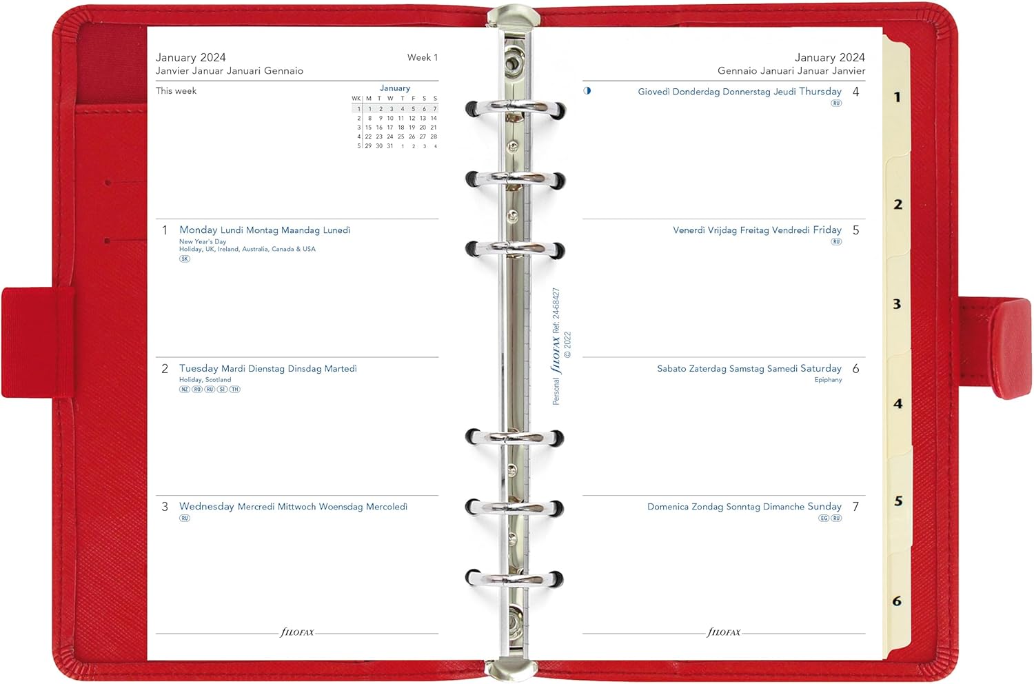 Filofax Saffiano – Organizador personal compacto, amapola, grano cruzado, aspecto de cuero, seis anillos, calendario semanal para ver, multilingüe,