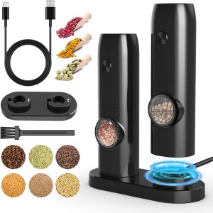FETLLESN Juego de molinillo eléctrico de sal y pimienta, juego de molinillo de pimienta automático recargable, luz LED, con una sola mano, con FETLLESN Juego de molinillo eléctrico de sal y pimienta, juego de molinillo de pimienta automático recargable, luz LED, con una sola mano, con