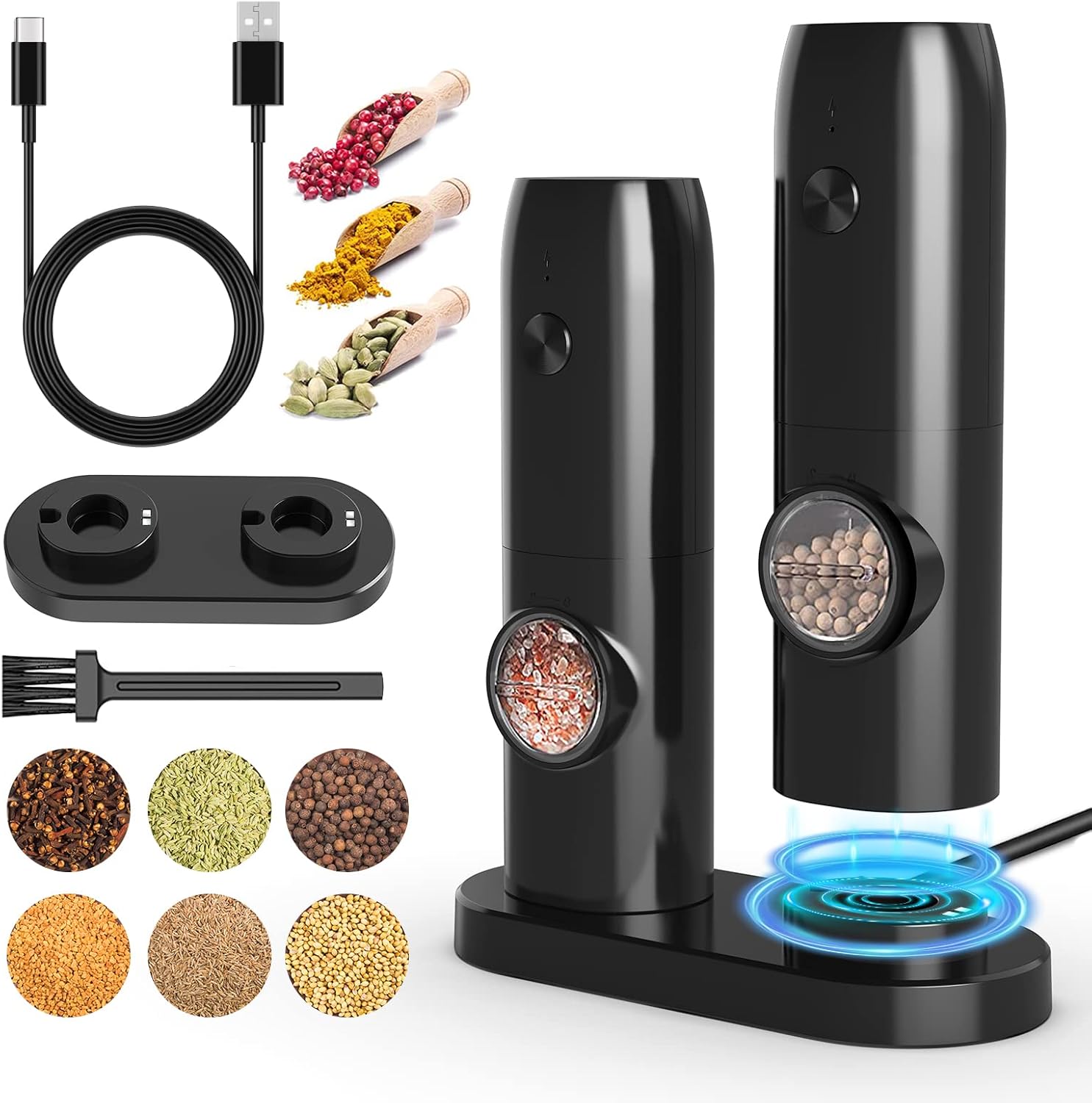 FETLLESN Juego de molinillo eléctrico de sal y pimienta, juego de molinillo de pimienta automático recargable, luz LED, con una sola mano, con FETLLESN Juego de molinillo eléctrico de sal y pimienta, juego de molinillo de pimienta automático recargable, luz LED, con una sola mano, con
