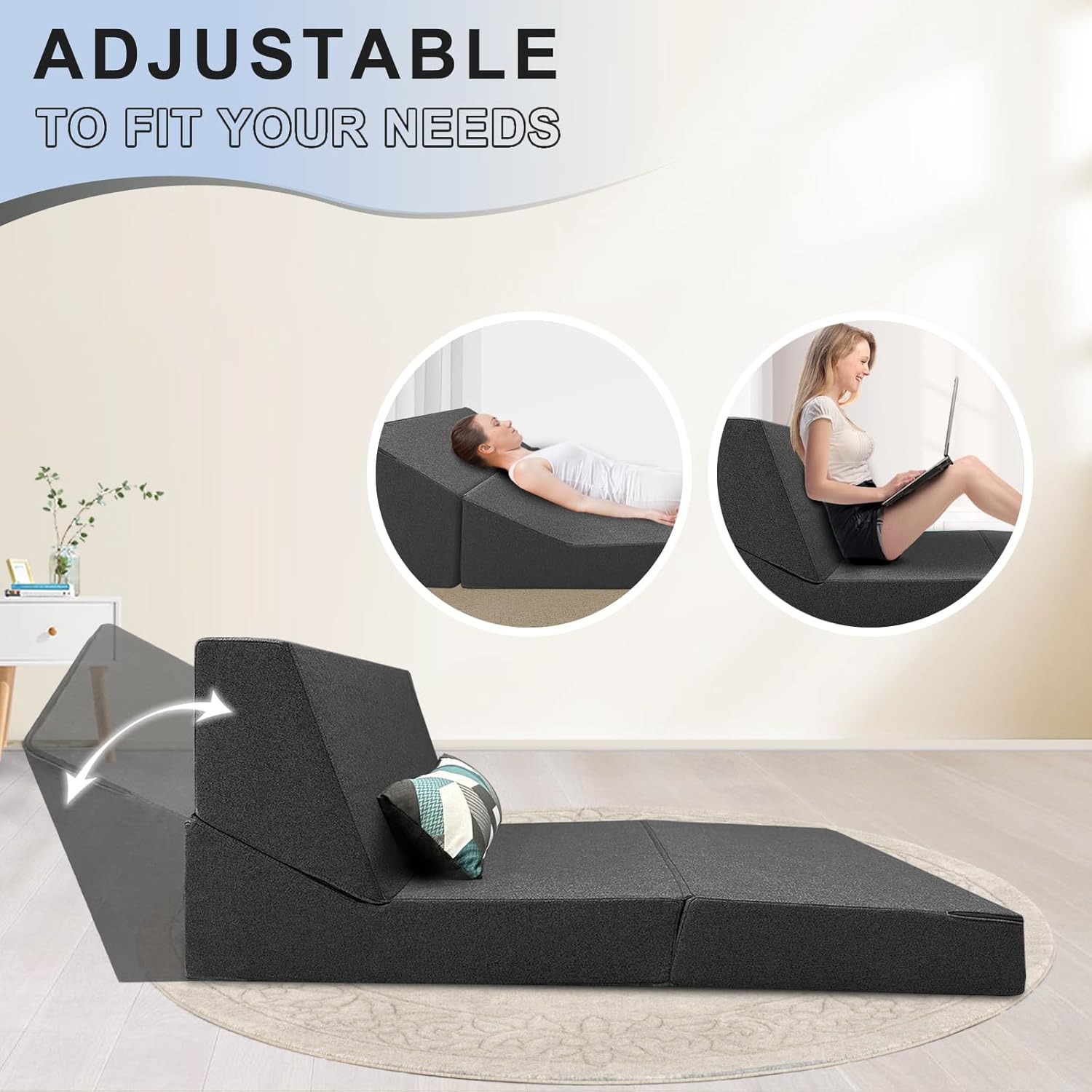 ANONER Sofá plegable de espuma viscoelástica convertible con almohada, diván para sala de estar, dormitorio y apartamento, oficina, color gris oscuro