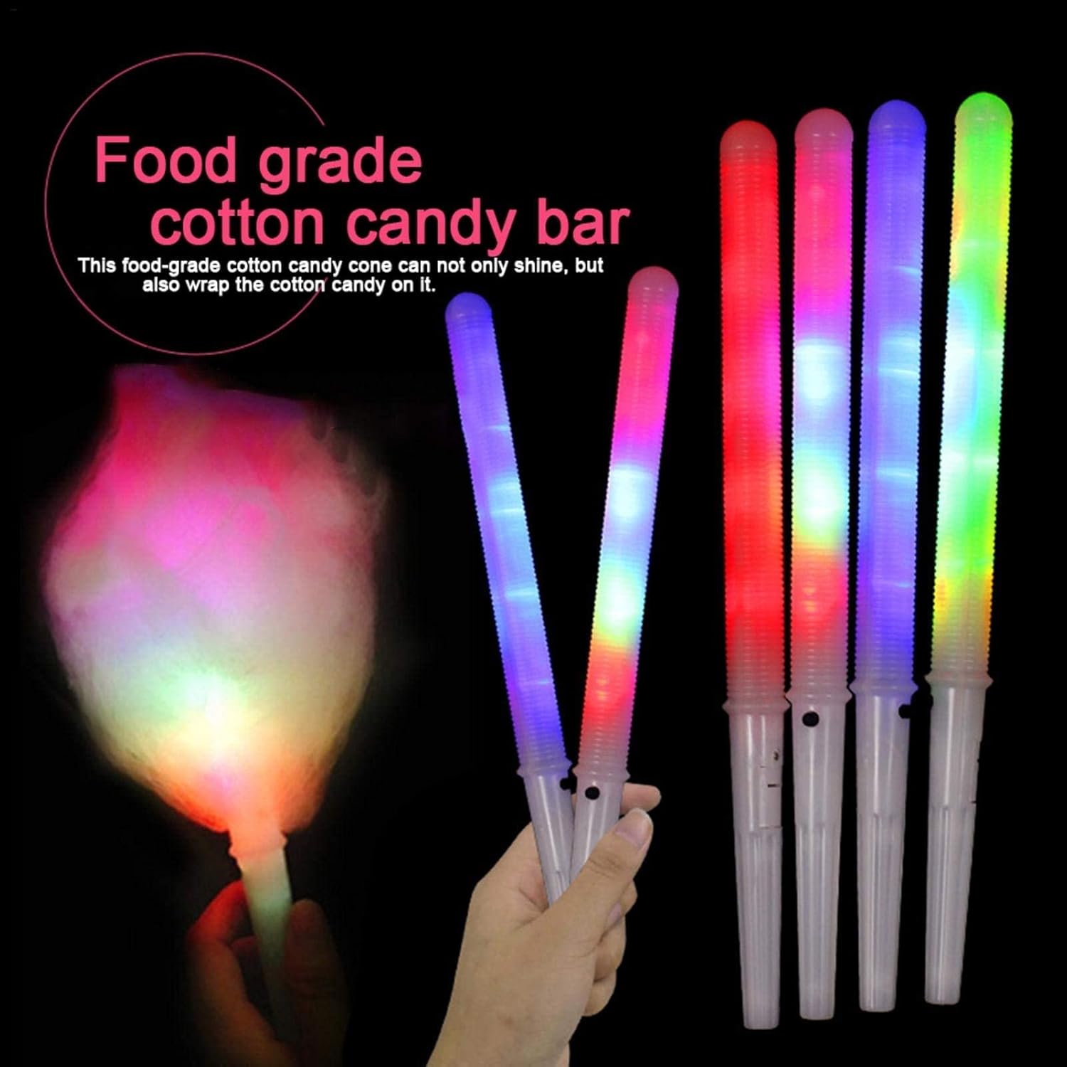 100 conos de algodón de azúcar, palitos de algodón iluminados, 8 patrones de colores LED intermitentes para fabricante de algodón de azúcar, palos