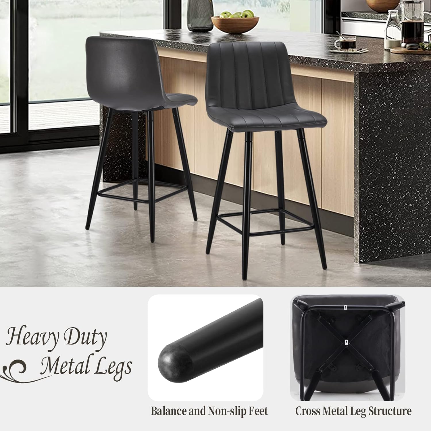 TUKAILAI Juego de 4 taburetes de bar de piel sintética, sillas modernas con respaldo, reposapiés y patas de metal, taburetes de bar sin brazos para