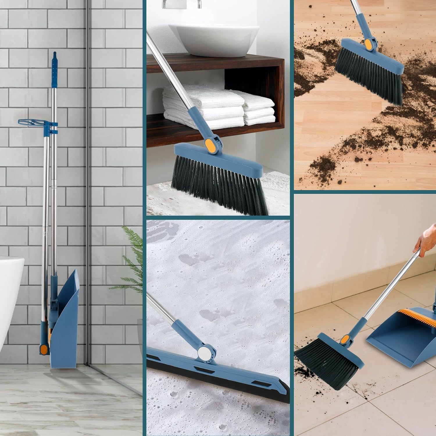 Juego de 3 piezas de barrido de piso, escoba y recogedor para el hogar, escoba interior giratoria de 180, combo de recogedor y escoba plegable, con