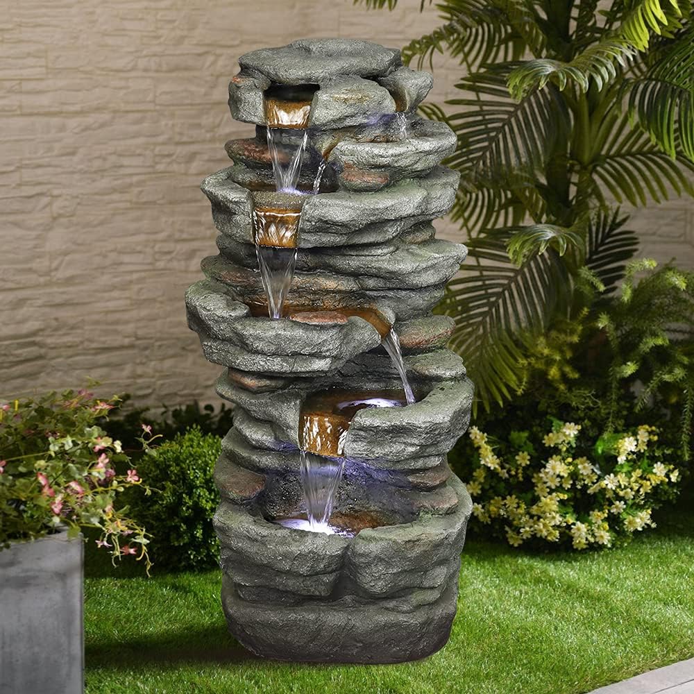 Naturefalls Fuente de agua de roca de 32.6 pulgadas con luces LED, fuente de agua de poliresina de 6 niveles para exteriores, características de