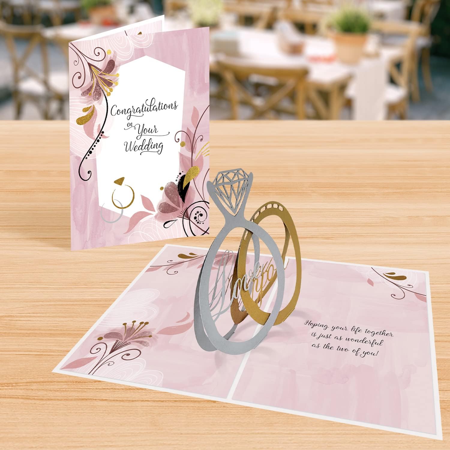 Designer Pop!, Tarjeta de felicitación de boda  Follaje dorado y anillos 3D “Love You” (1 tarjeta con sobre)