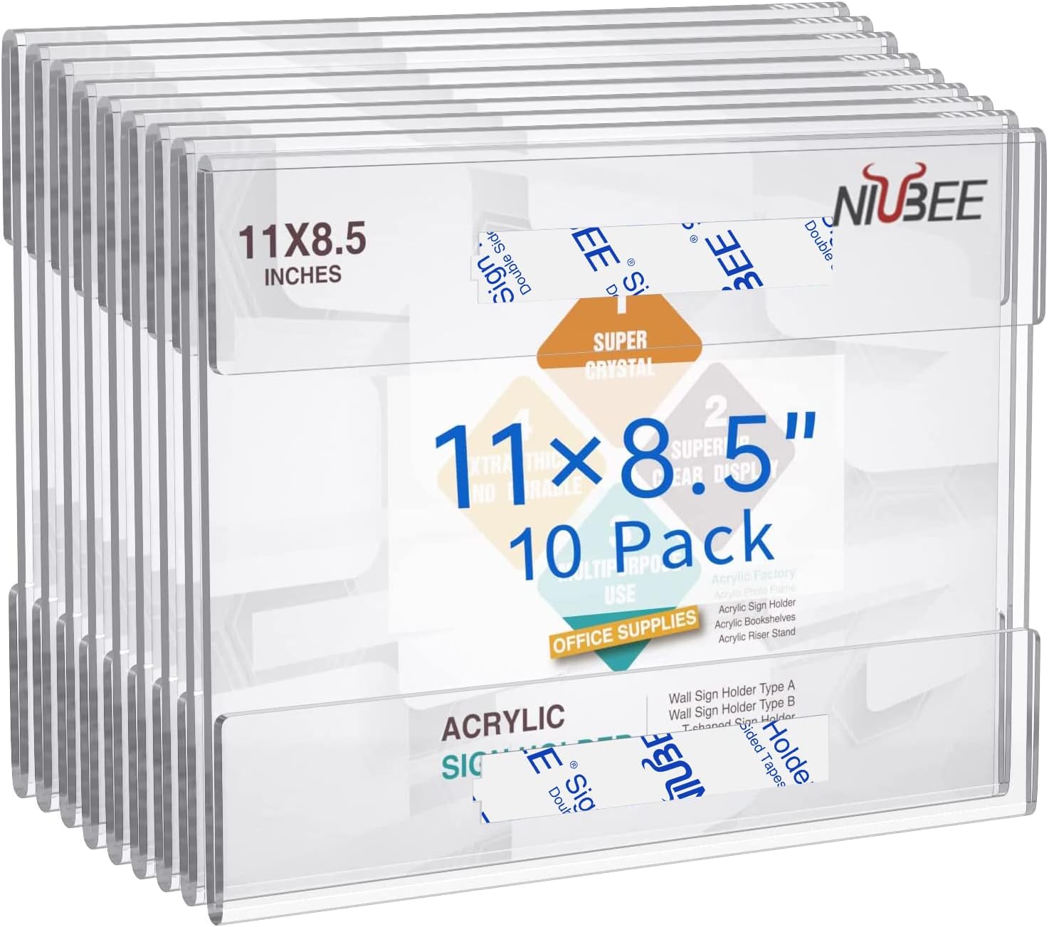 Niubee Soporte de letrero acrílico horizontal de 8.5 x 11 pulgadas con cinta adhesiva de doble cara para oficina, hogar, tienda, restaurante, sin