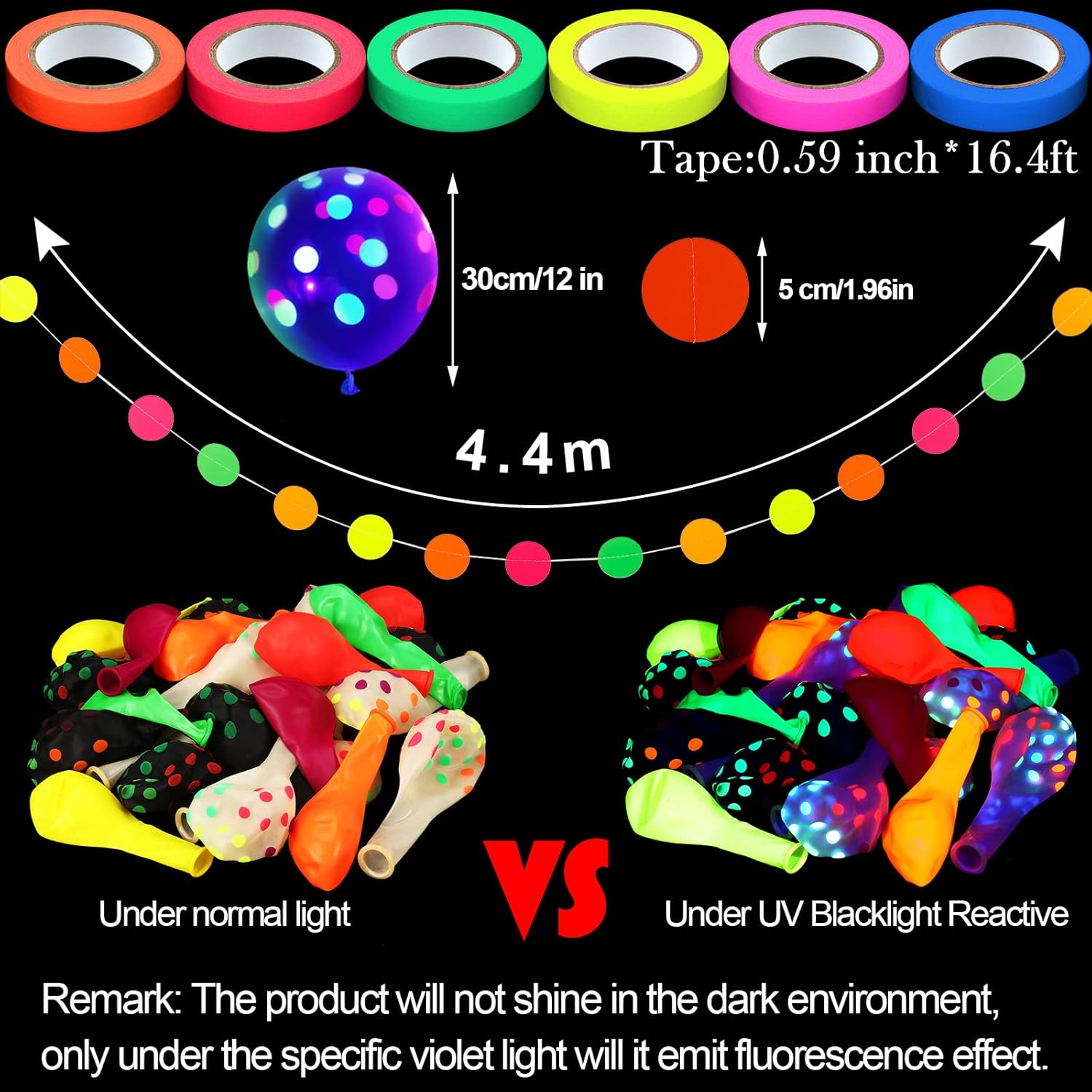 Suministros de fiesta que brillan en la oscuridad, juego de suministros de fiesta de neón que brillan en la oscuridad, 6 rollos de cinta luminosa de
