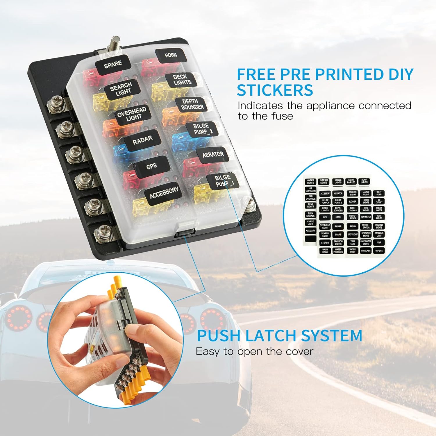 Soyond Bloque de fusibles de 12 voltios, caja de fusibles impermeable con indicador LED, cubierta a prueba de humedad para automóvil DC 12-24 V con