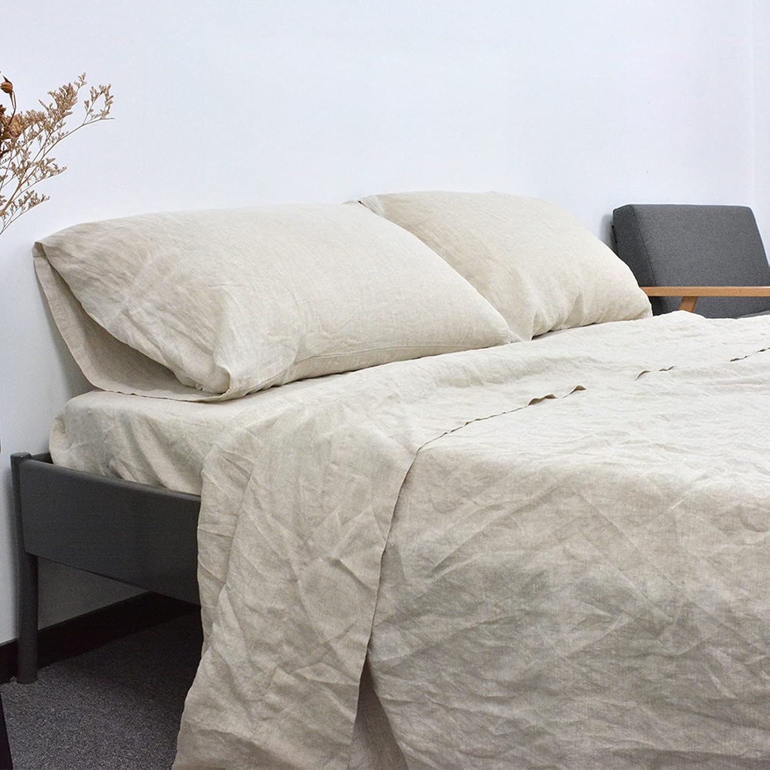 Juego de sábanas de 100 % lino francés natural, 4 piezas, ropa de cama suave y transpirable con bolsillo profundo (1 sábana encimera, 1 sábana