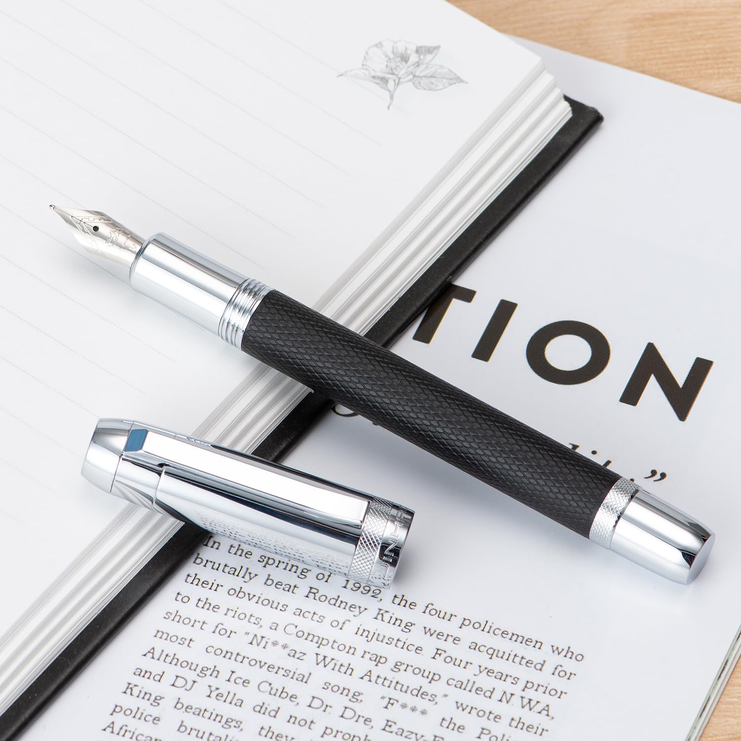 Jinhao 92 – Pluma estilográfica plateada negra, punta media, metal sólido con convertidor, lápiz de caligrafía