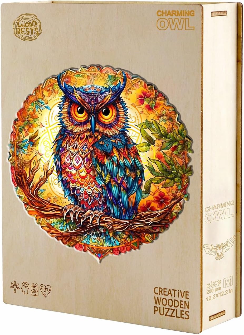 KAAYEE Rompecabezas de madera, encantador rompecabezas de búho, 14.2 x 14.2 pulgadas, 300 piezas, rompecabezas de forma única de animales, regalo