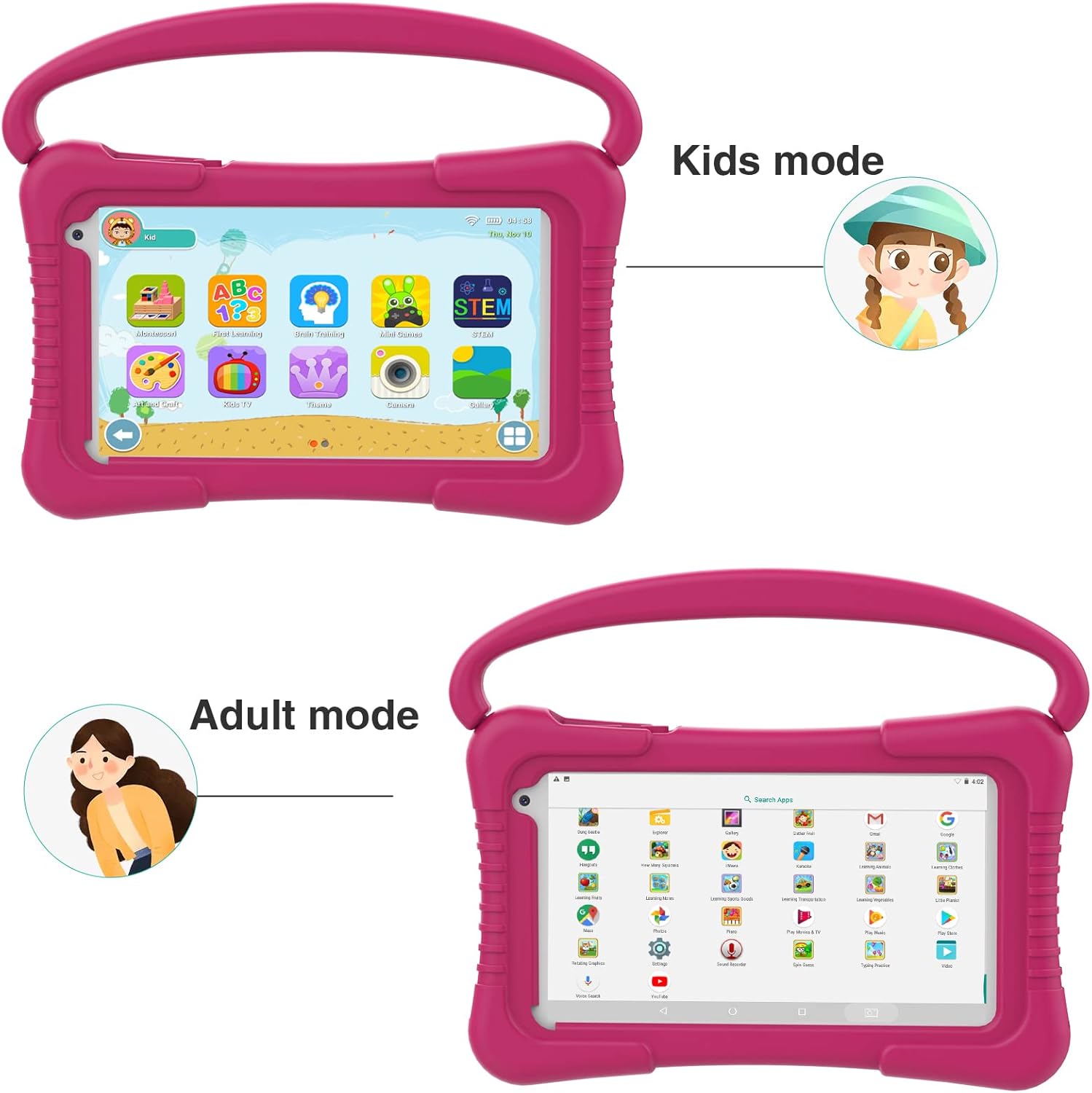 Tableta para niños de 7 pulgadas para niños con WiFi, doble cámara, tableta para niños pequeños de 32 GB, Android 11 con control parental, a prueba