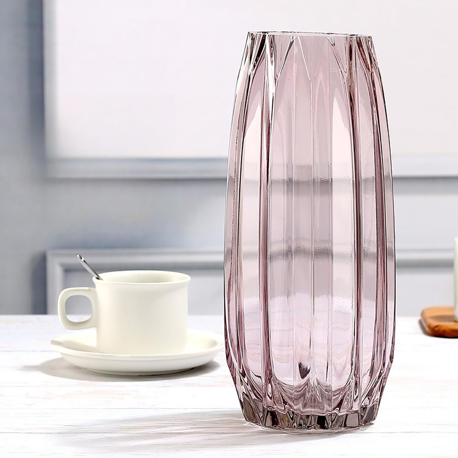 Jarrón de cristal morado y rosa moderno para flores, velas y detalles decorativos, florero de vidrio altocorto para centros de mesa, decoración de
