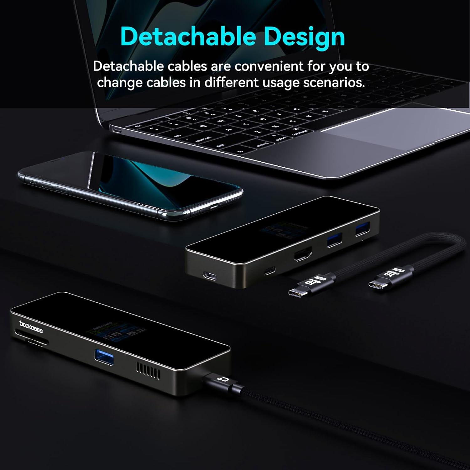 DockCase Hub USB C inteligente visual (7 en 1) con puerto HDMI 4K a 60Hz, entrega de energía PD de 100 W, 3 puertos de datos USB-A de 5 Gbps, lector
