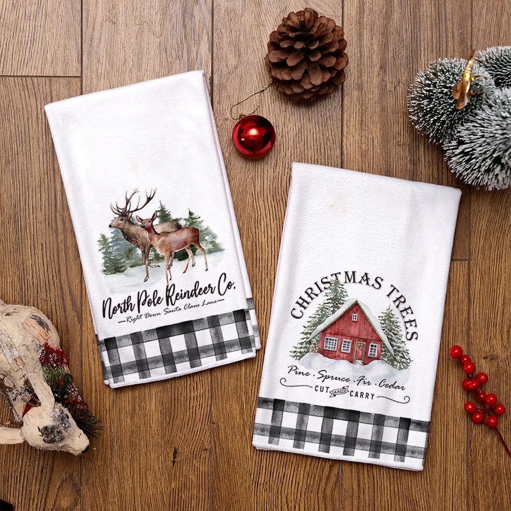 ARKENY AD092 – Juego de 2 paños de cocina de Navidad, diseño de árbol de renos de búfalo negro, 18 x 26 pulgadas, decoración del hogar de granja