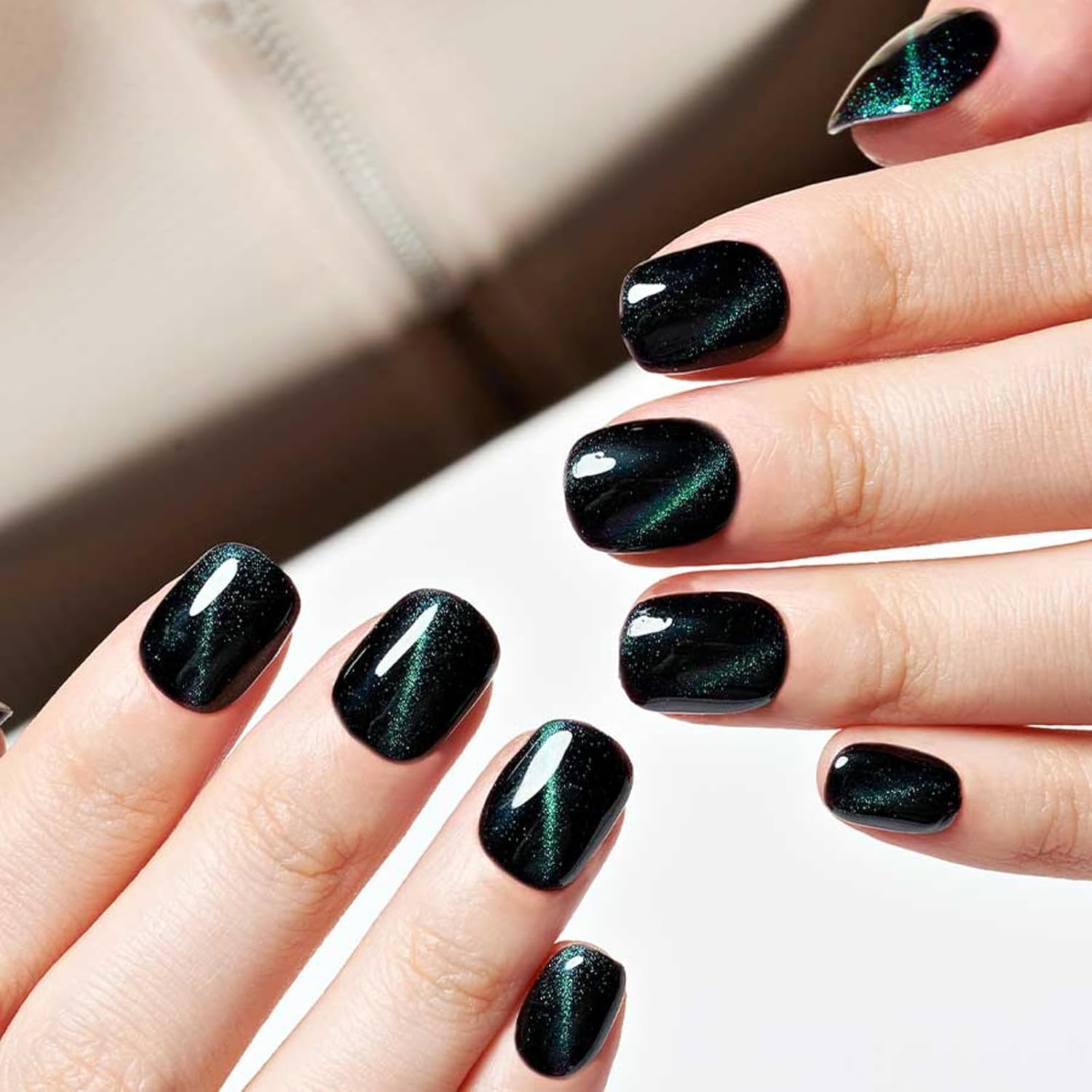 GLAMERMAID – Uñas de gel a presión con diseño de ojos de gato, cuadradas, hechas a mano, con purpurina negra y verde, uñas postizas cortas ovaladas