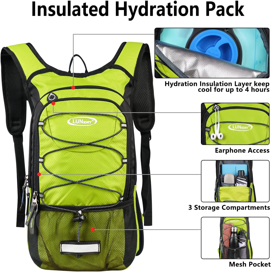 Lunidry Mochila de hidratación aislada con bolsa de agua a prueba de fugas de 3 L, sin BPA, mantiene los líquidos frescos hasta 5 horas, mochila