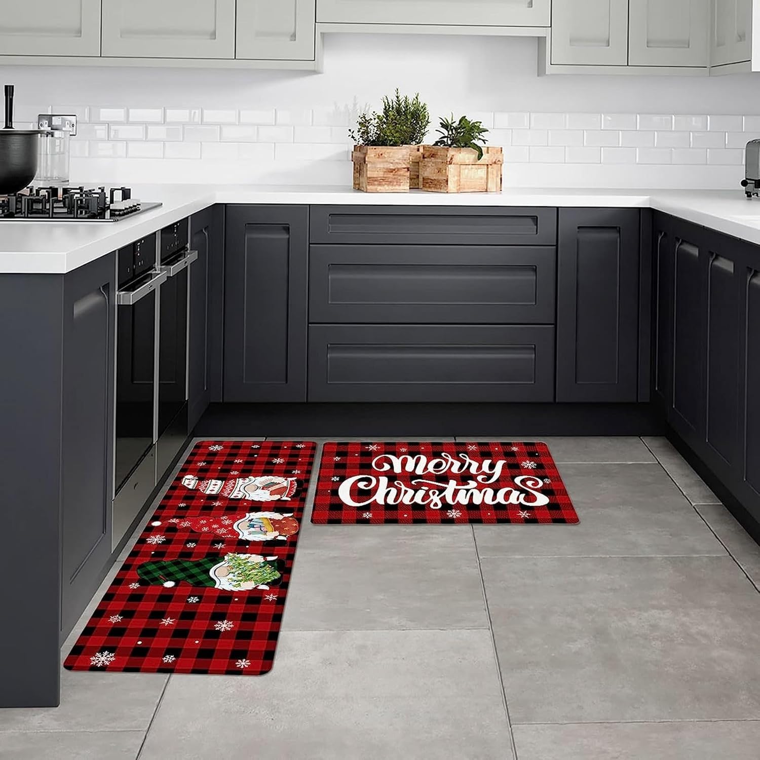 Juego de 2 alfombras y tapetes de cocina con texto en inglés “Merry Christmas”, antideslizantes, absorbentes, con diseño de gnomo de nieve, para