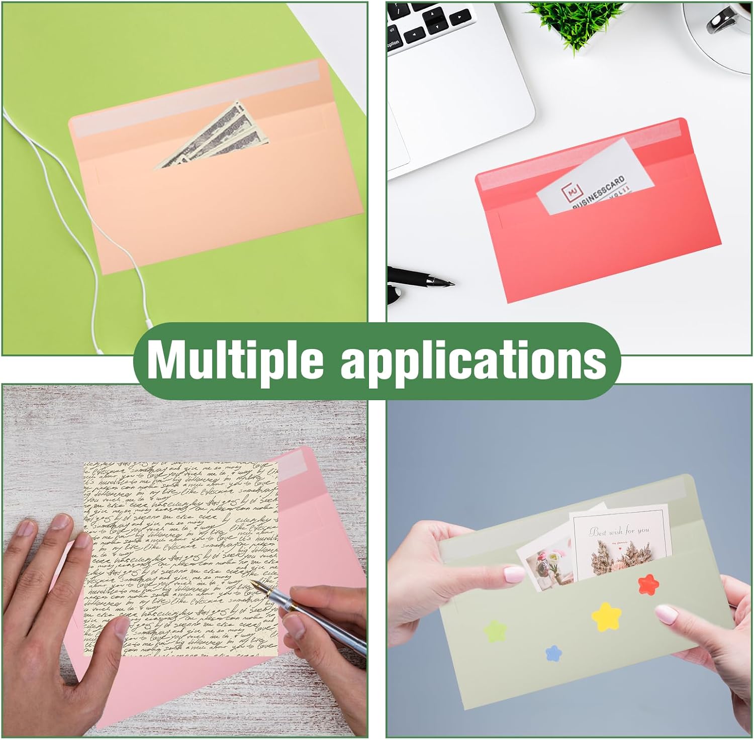 200 sobres coloridos, 10 sobres de correo de negocios con solapa cuadrada autosellante, sobres de colores para cartas, invitaciones, oficina, tamaño