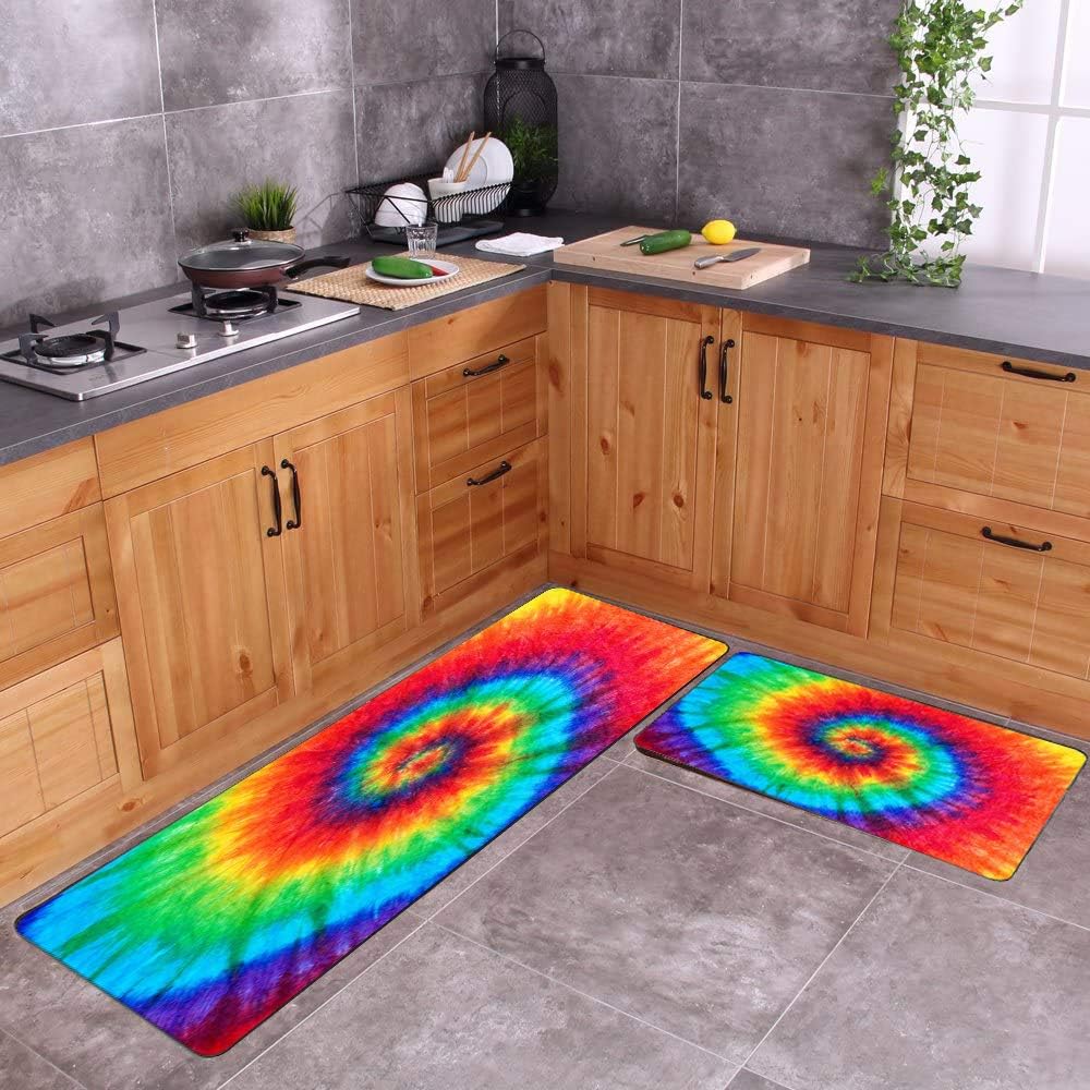Juego de 2 alfombras de cocina de 17 x 48 pulgadas, 17 x 24 pulgadas, diseño de teñido anudado en espiral, alfombras y tapetes de cocina
