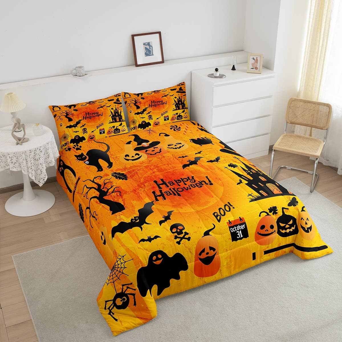 Juego de edredón con temática de Halloween para niños, ropa de cama de 3 piezas para adolescentes, niños y niñas, divertido juego de edredón de