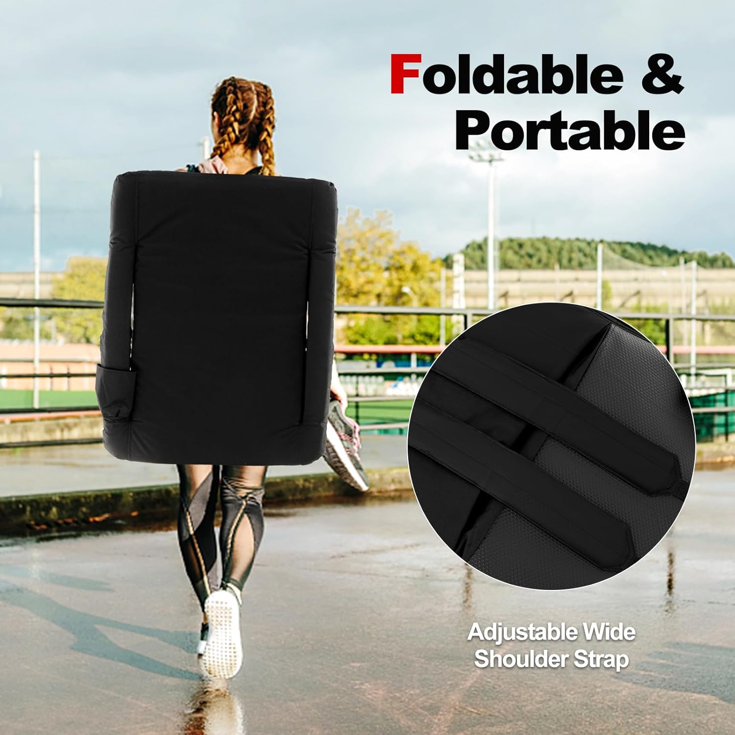 Goplus Asiento de estadio para gradas, silla plegable de 24.5 pulgadas de ancho con 6 posiciones reclinables, soporte para tazas, cojín grueso,