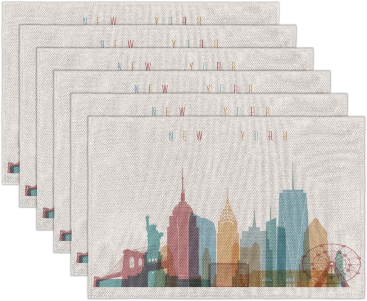 New York Cartoon Buildings – Juego de 6 manteles individuales cuadrados de tela para mesa de cocina, resistentes al calor, fáciles de limpiar,