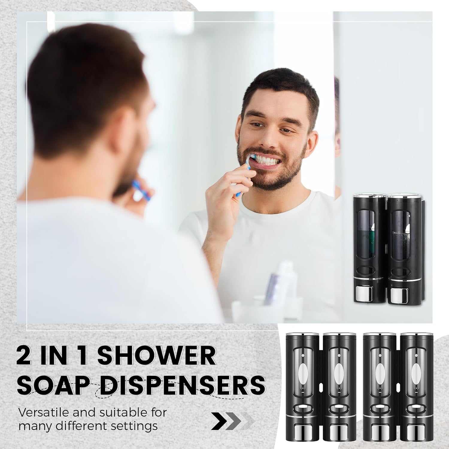 Dispensador de champú y acondicionador 2 en 1, dispensador de jabón de ducha de 2 cámaras, sin taladro, dispensador de champú montado en la pared,