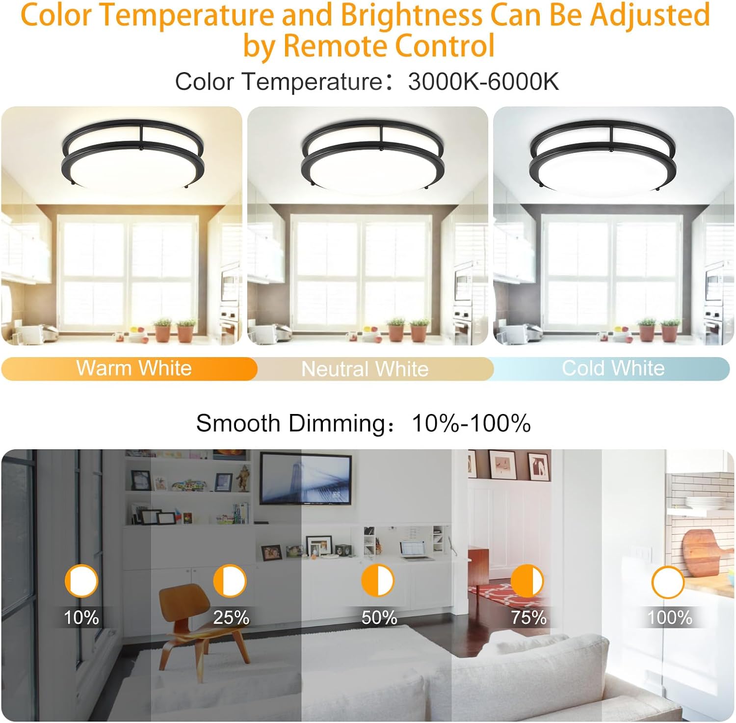 DLLT – Lámpara de techo LED moderna de 30 W con control remoto, regulable de 13 pulgadas, lámpara de techo redonda negra para dormitorio, cocina,