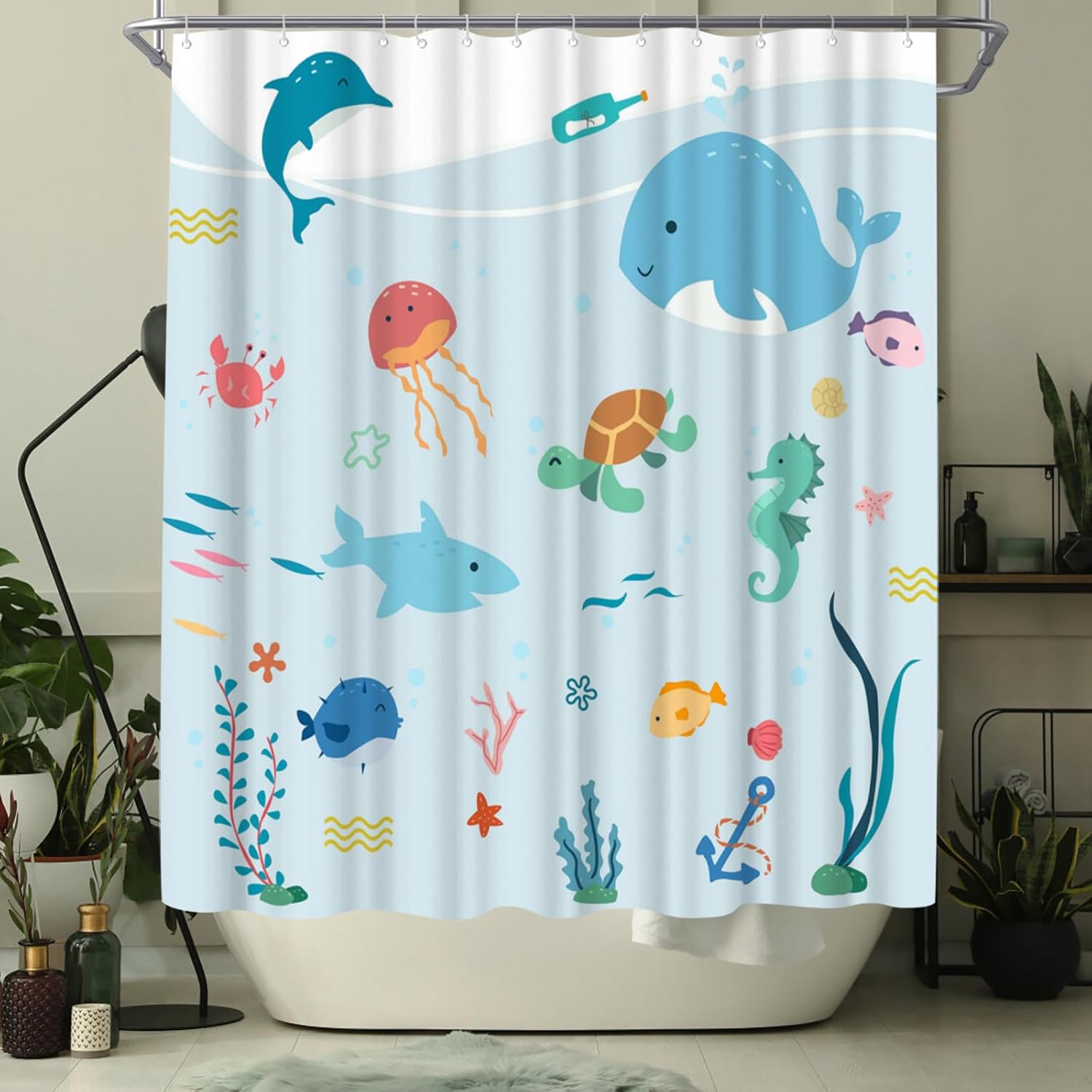 WELMECO Cortina de ducha con diseño de peces, cortina de ducha para niños, decoración de baño de 72 x 72 pulgadas, tela de poliéster (azul claro)