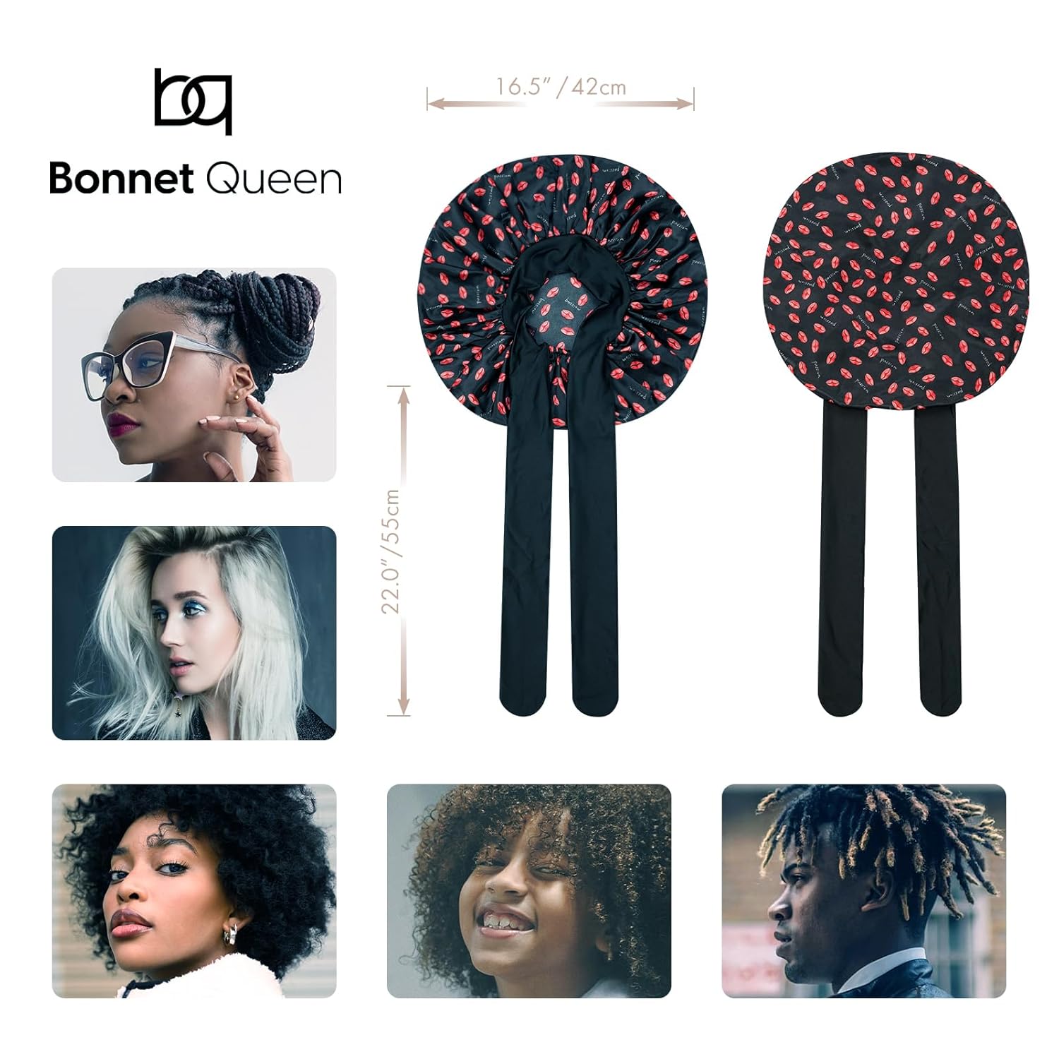 Bonnet Queen – Gorro de satén de seda ajustable para dormir, con banda de amarre ancha y elástica, envolvente, para mujeres de cabello largo, rizado