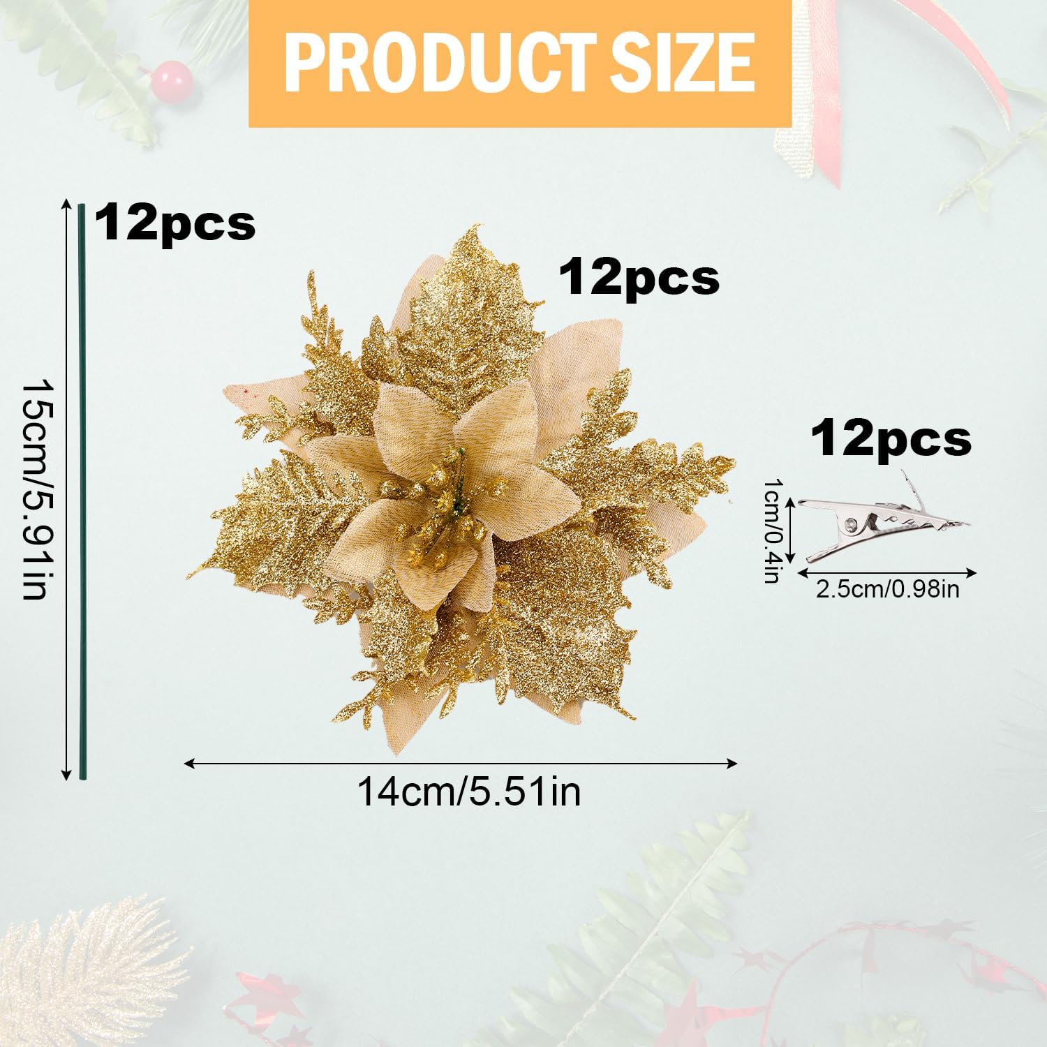 BOXOB 12 adornos de Navidad, flores de Pascua artificiales con 12 pedúnculos y 12 clips de purpurina para decoración de fiesta de árbol de Navidad