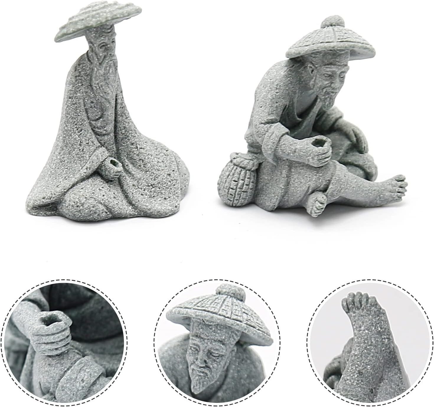 Zreneyfex 2 mini figuras de piedra arenisca de pescador sentado pescador estatua de lodo para pecera y micro paisaje decoración de jardín