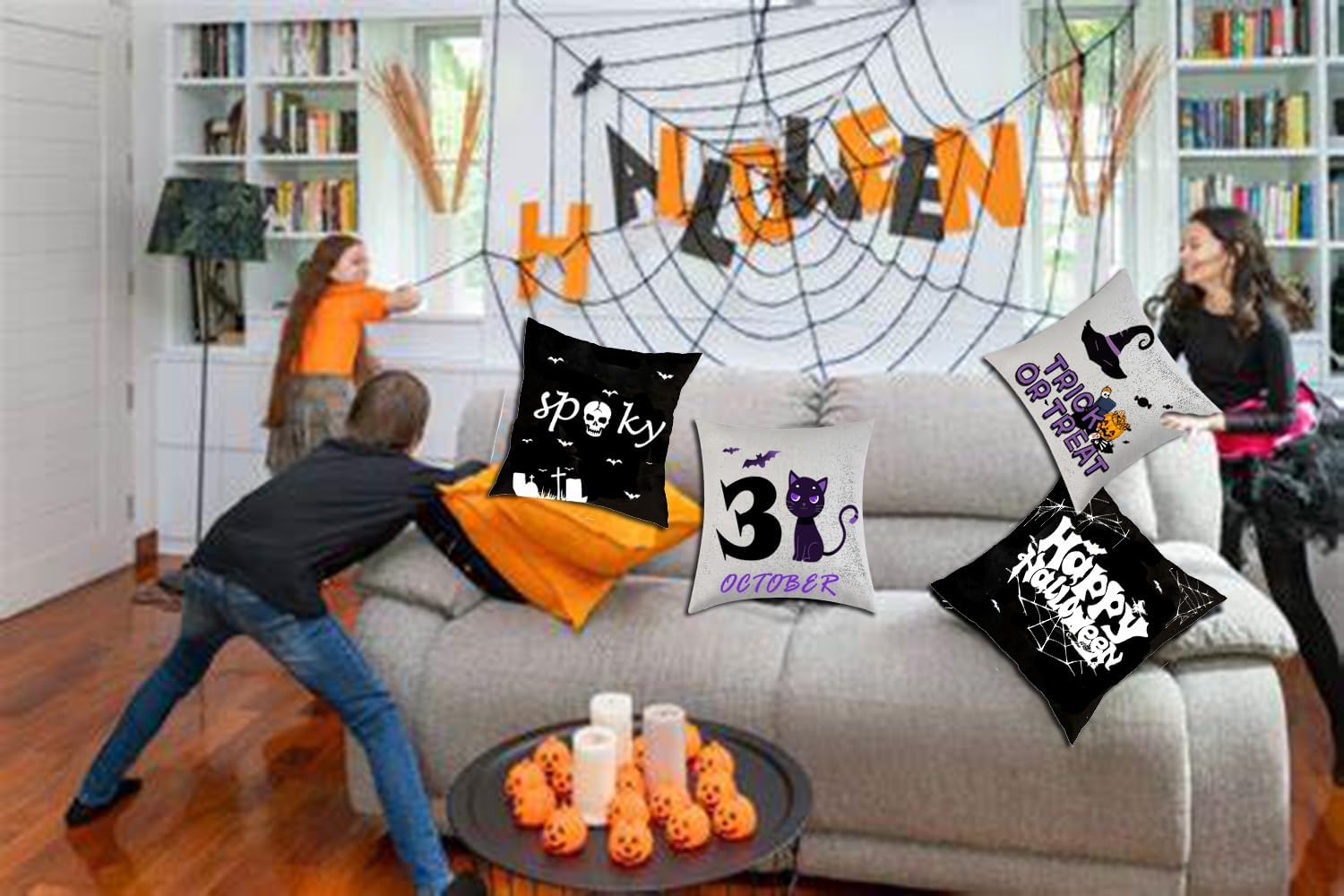 Juego de 4 fundas de almohada de Halloween de 18 x 18 pulgadas para decoración de Halloween, decoración de interiores y exteriores, suministros de