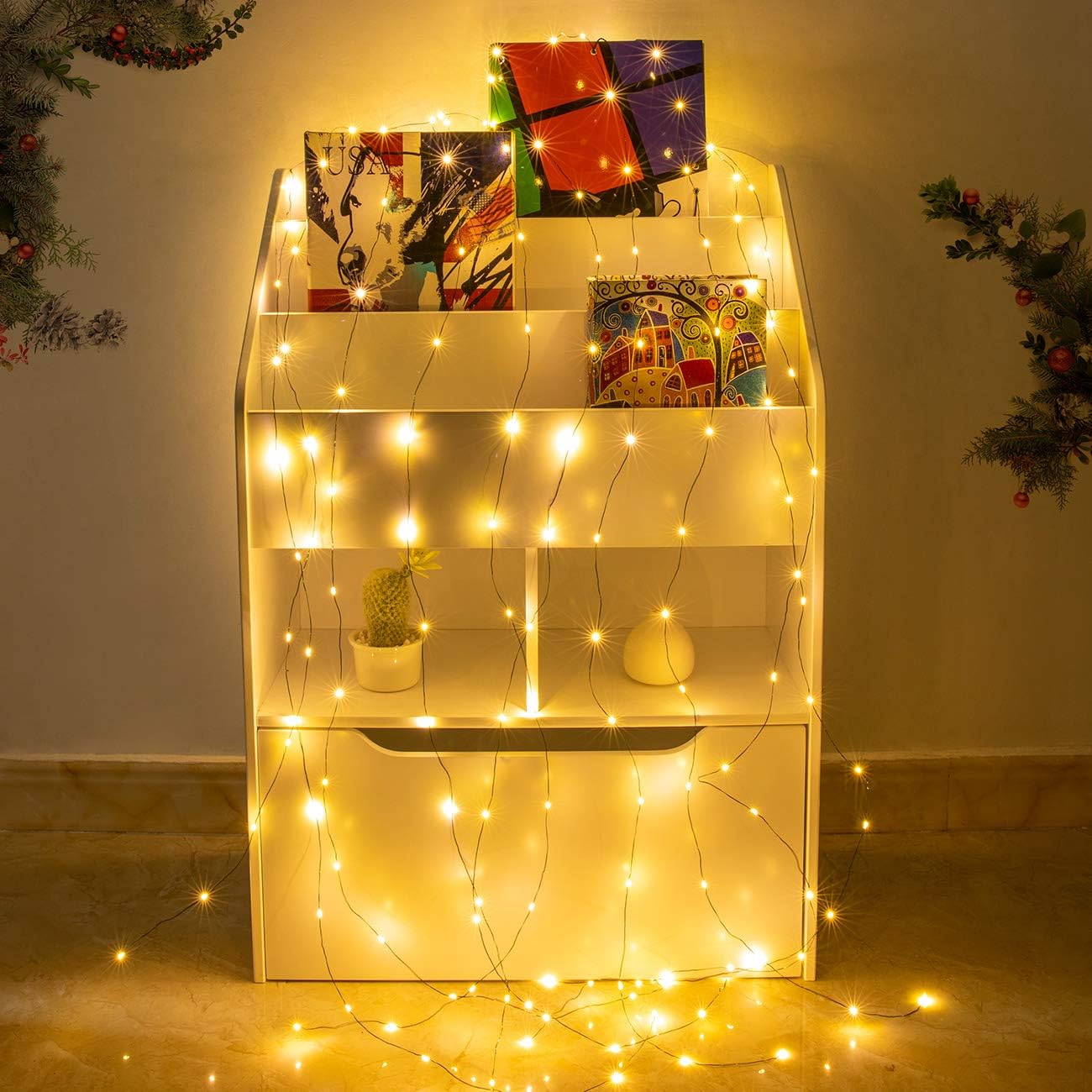 AWQ Guirnalda de 200 luces LED de 6.6 pies x 10 pulgadas para árbol de Navidad, 8 modos, guirnalda de luces LED alimentada por USB con control