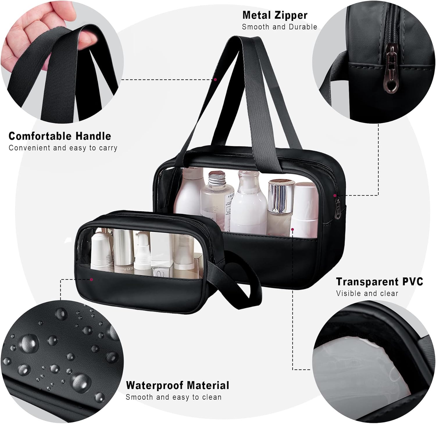 Bolsa de maquillaje transparente, juego de 2 bolsas de cosméticos, bolsa de maquillaje de viaje de PVC transparente, bolsa de aseo impermeable linda