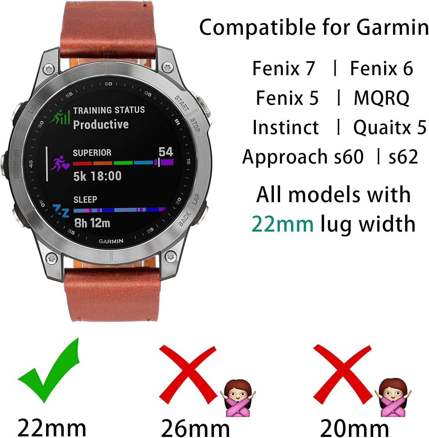 SEURE Quickfit – Correa de reloj para Garmin Fenix 7Fenix 6Fenix 5 Plus, correa de reloj de repuesto de cuero genuino de 0.866in para Garmin