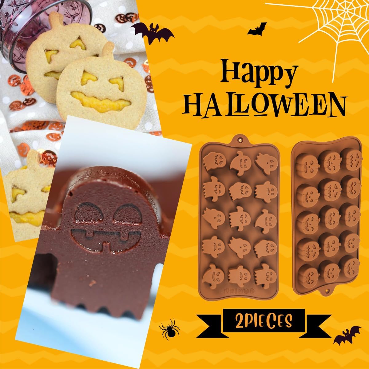 KAISHANE 2 moldes de chocolate de Halloween, molde de silicona de 15 cavidades, diferentes formas de calabazas de Halloween, moldes de chocolate